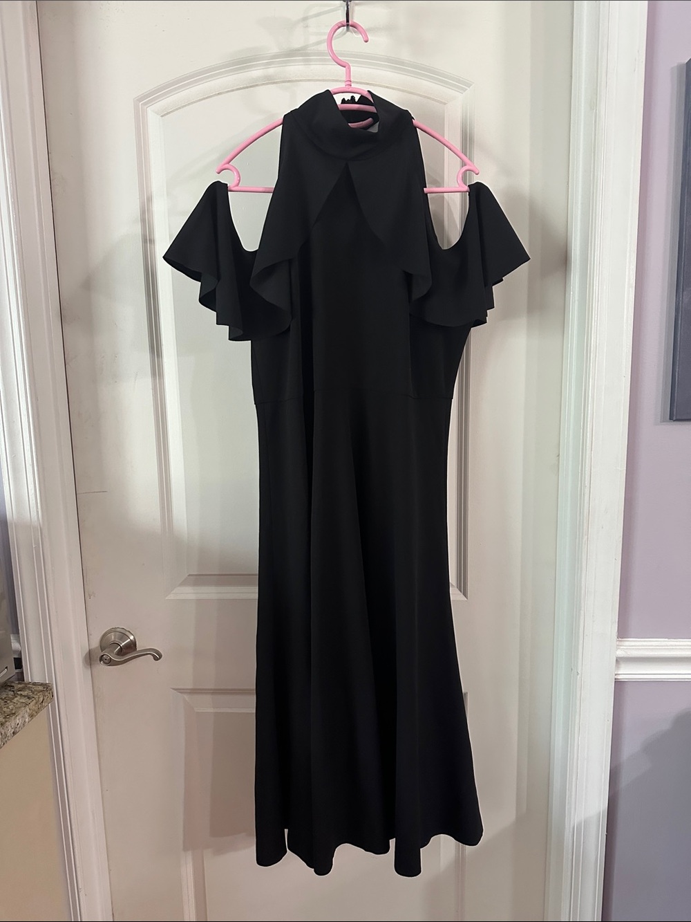 NEW Tracy Reese Long Black High Neck Off the Shoulder Ruffle Dress - Size M